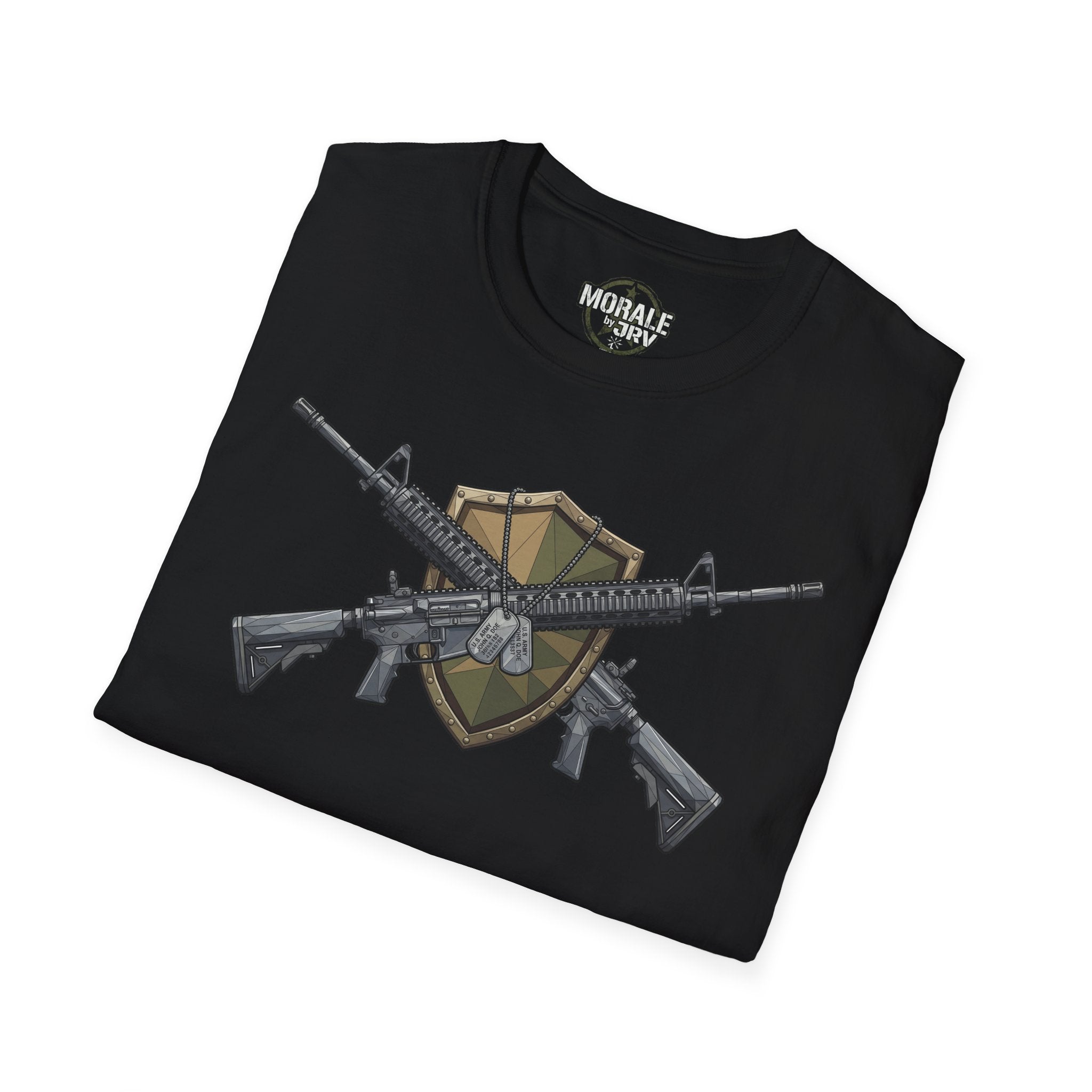 Black crewneck T-shirt with rifle-and-shield graphic across the chest