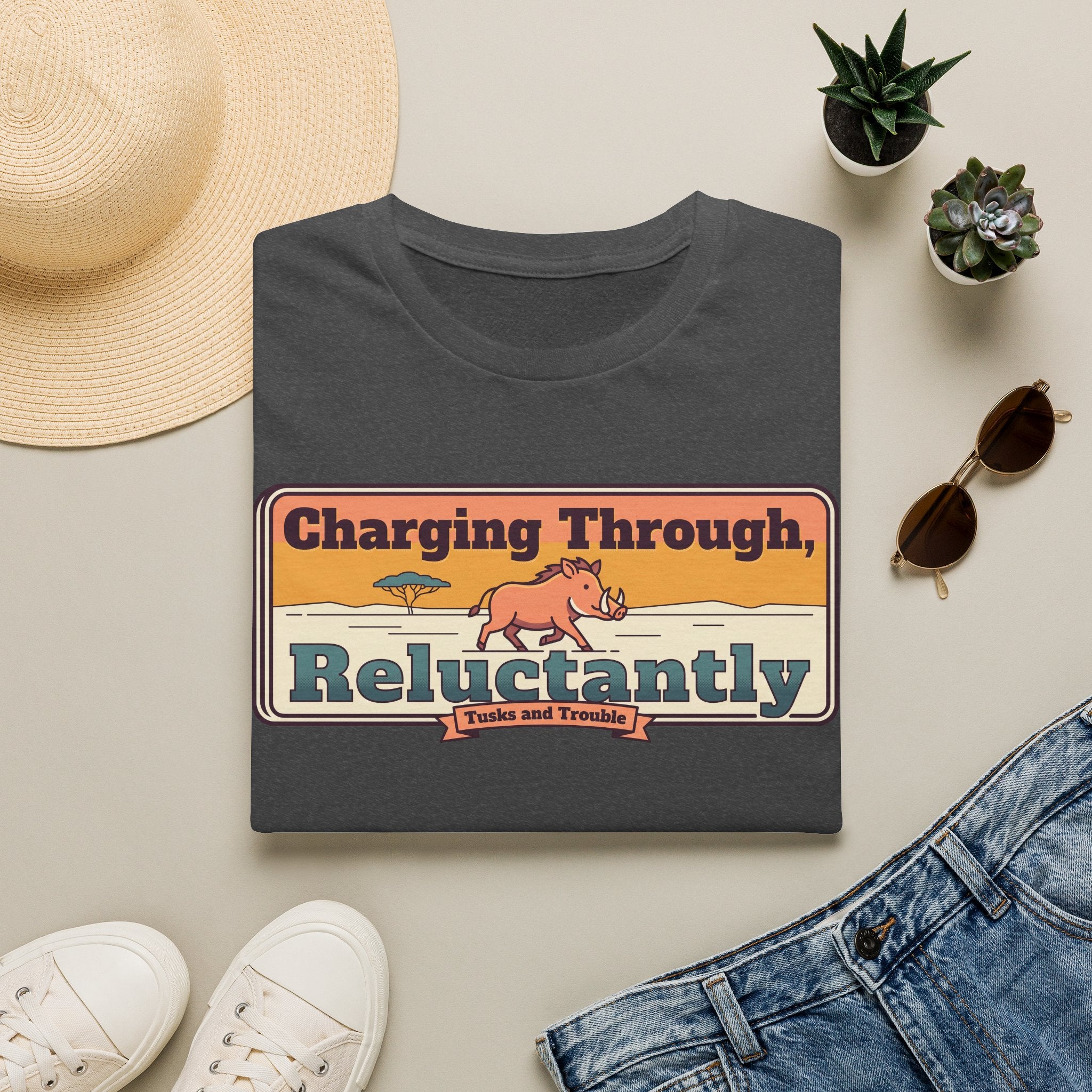 Dark heather gray short-sleeve T-shirt with “Charging Through… Reluctantly” pig graphic