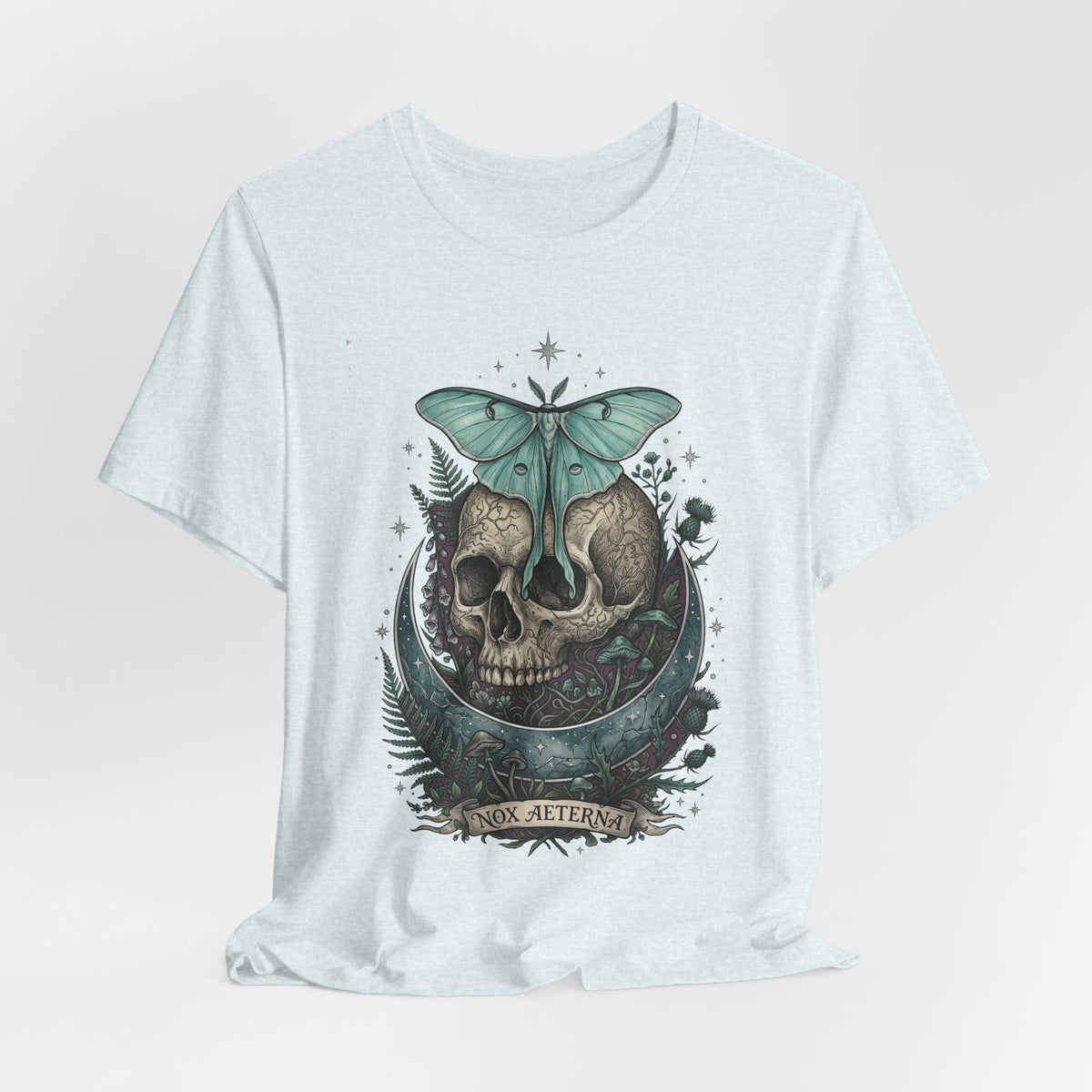 Light blue crew-neck t-shirt featuring teal moth skull illustration