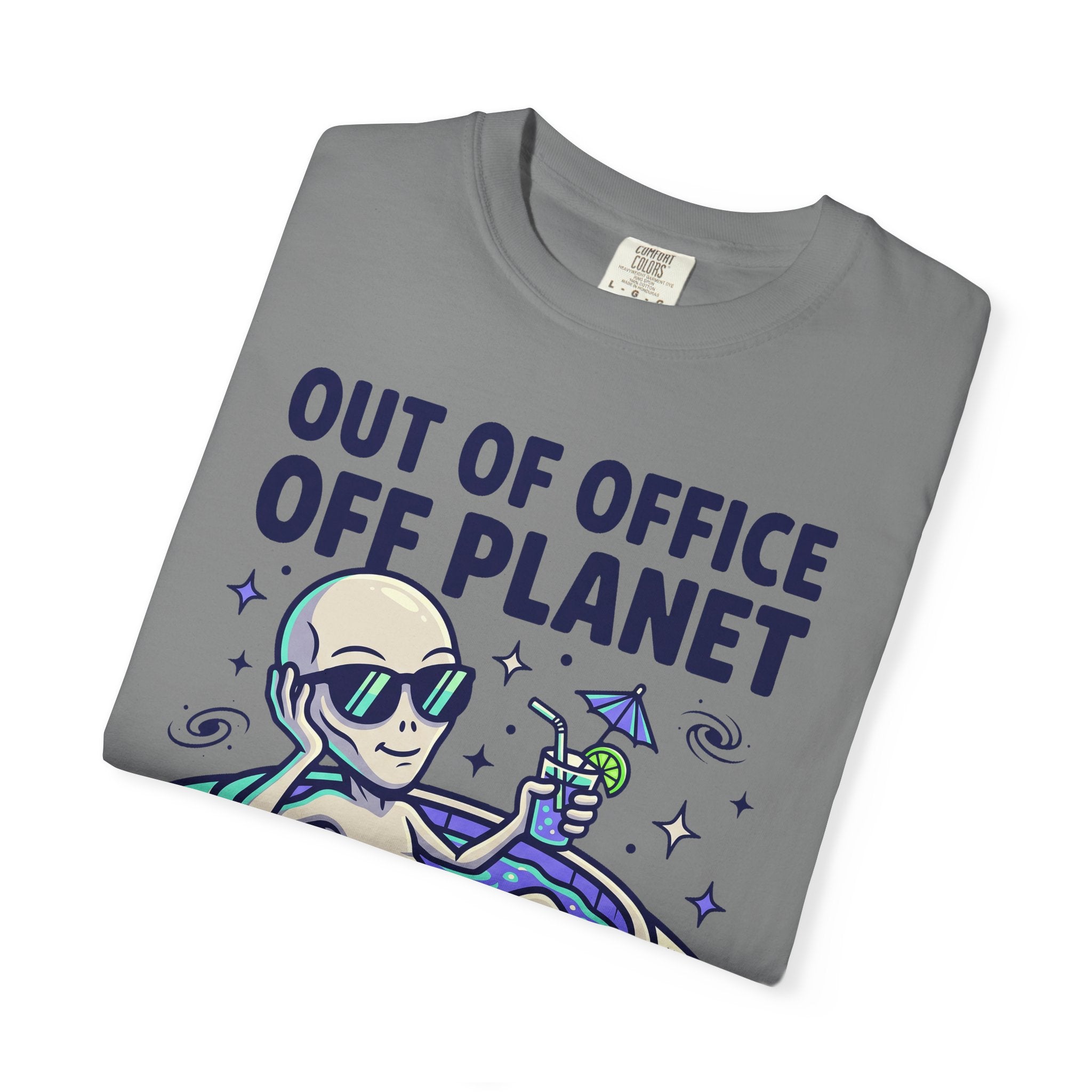 Gray crew-neck T-shirt with alien floatie graphic and 'Out of Office Off Planet'