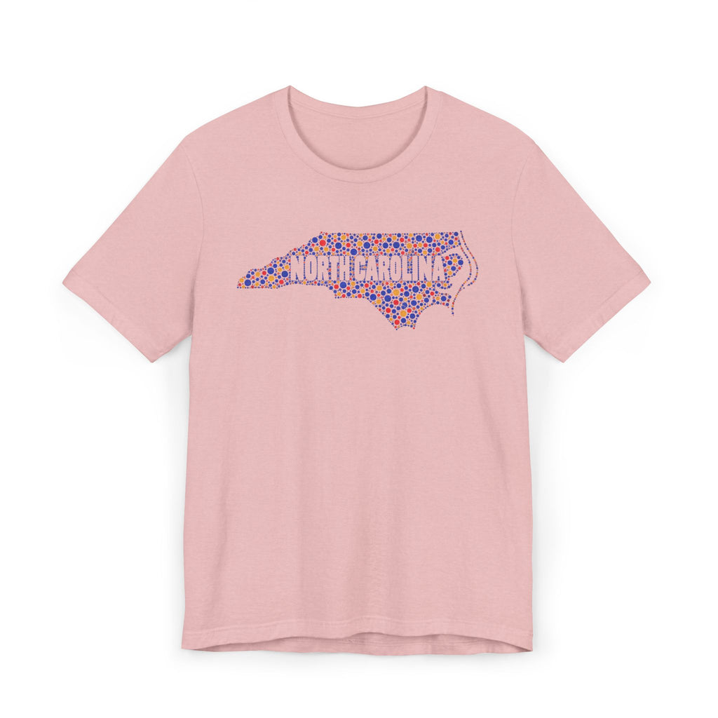 Pink T-shirt with colorful North Carolina floral map outline graphic on chest