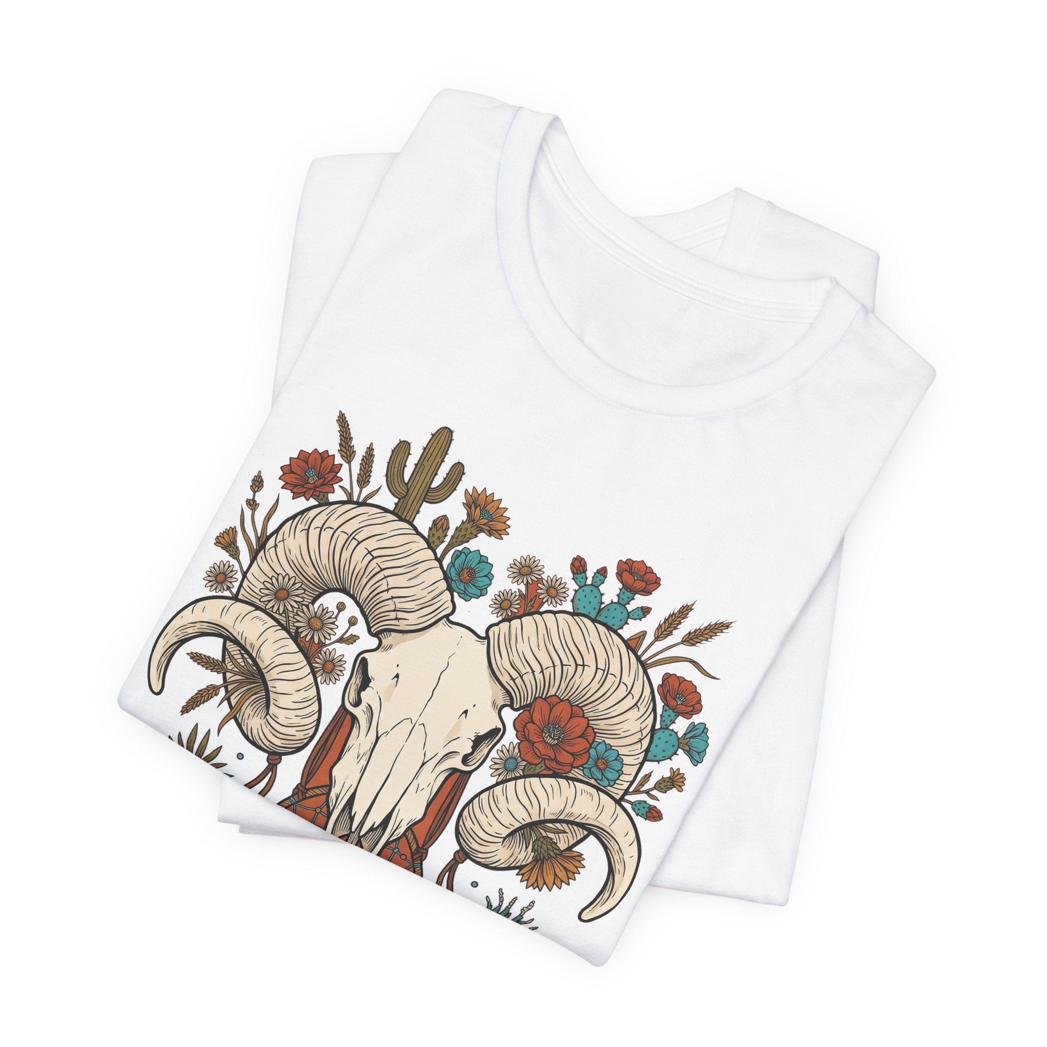 White t-shirt with ram skull horns floral dreamcatcher and cactus graphic, boho gothic style