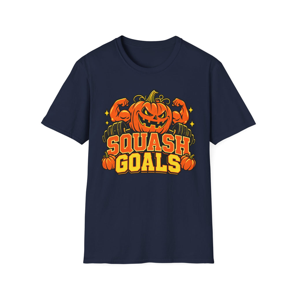 Navy Halloween T-shirt with jack-o-lantern pumpkin graphic and "SQUASH GOALS" text
