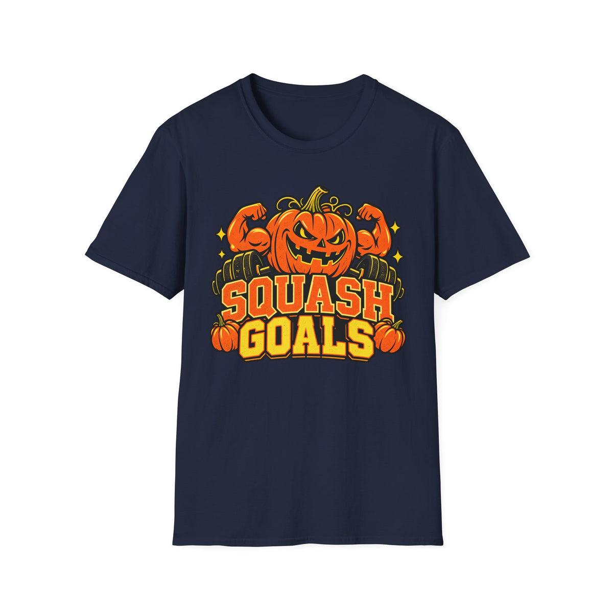 Navy Halloween T-shirt with jack-o-lantern pumpkin graphic and "SQUASH GOALS" text