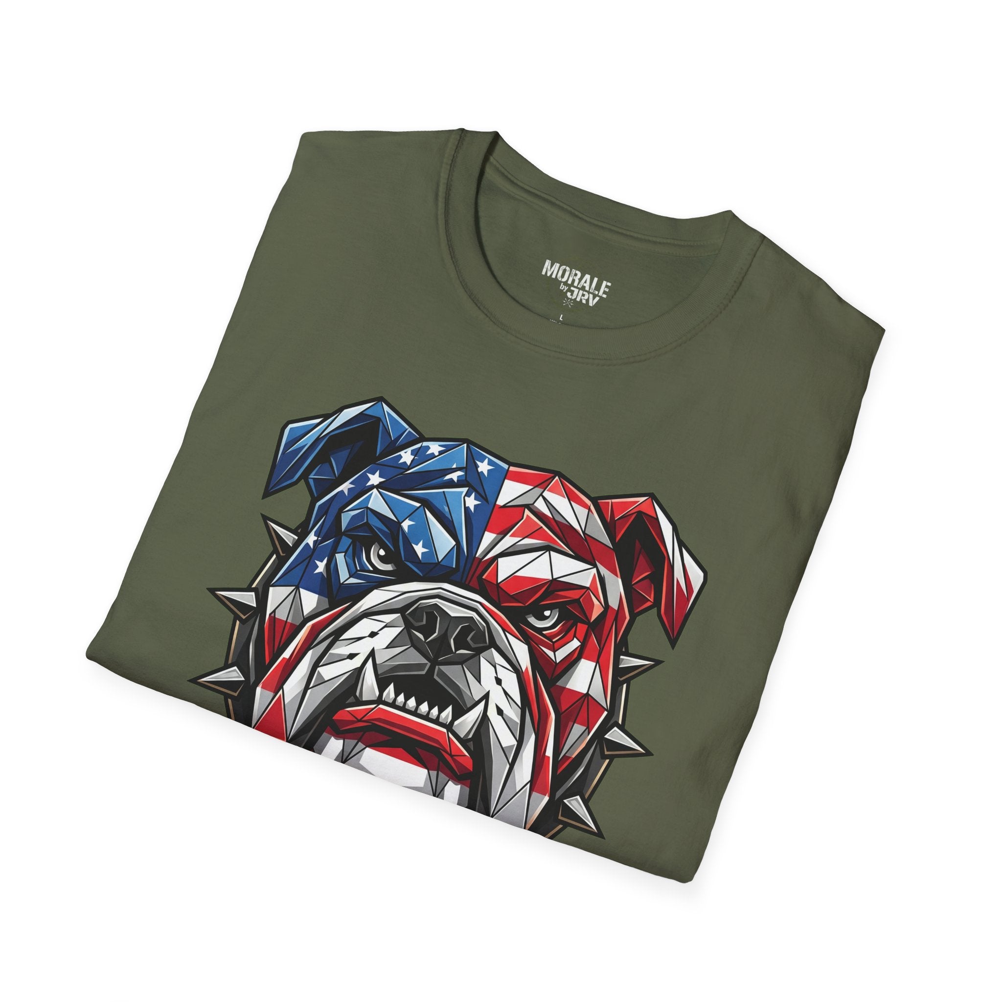 T-shirt verde militare con bulldog in stile bandiera USA blu e rossa