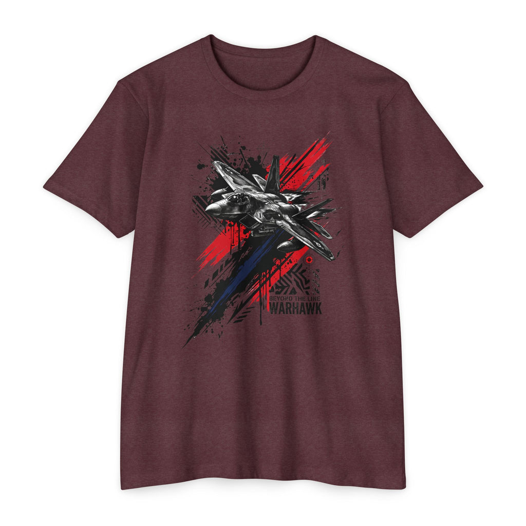 Men's graphic t-shirt in dark maroon with front jet silhouette and red splatter design