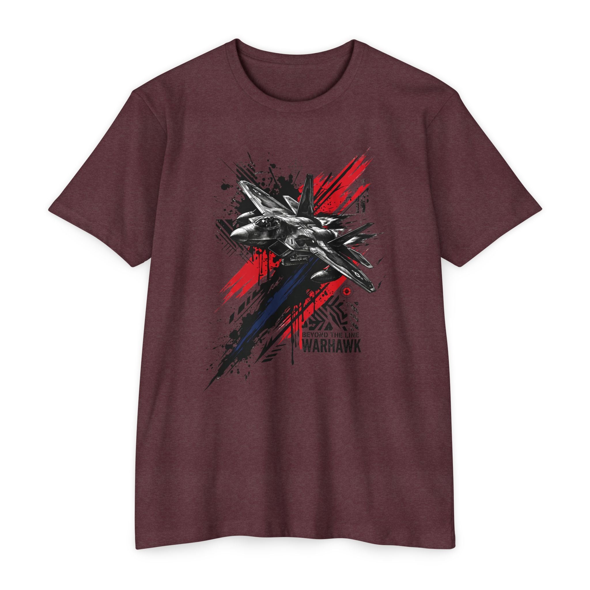 Men's graphic t-shirt in dark maroon with front jet silhouette and red splatter design