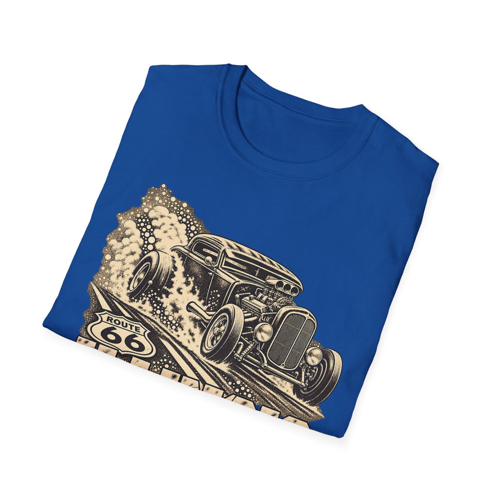 Royal blue t-shirt with vintage Route 66 car graphic on the front