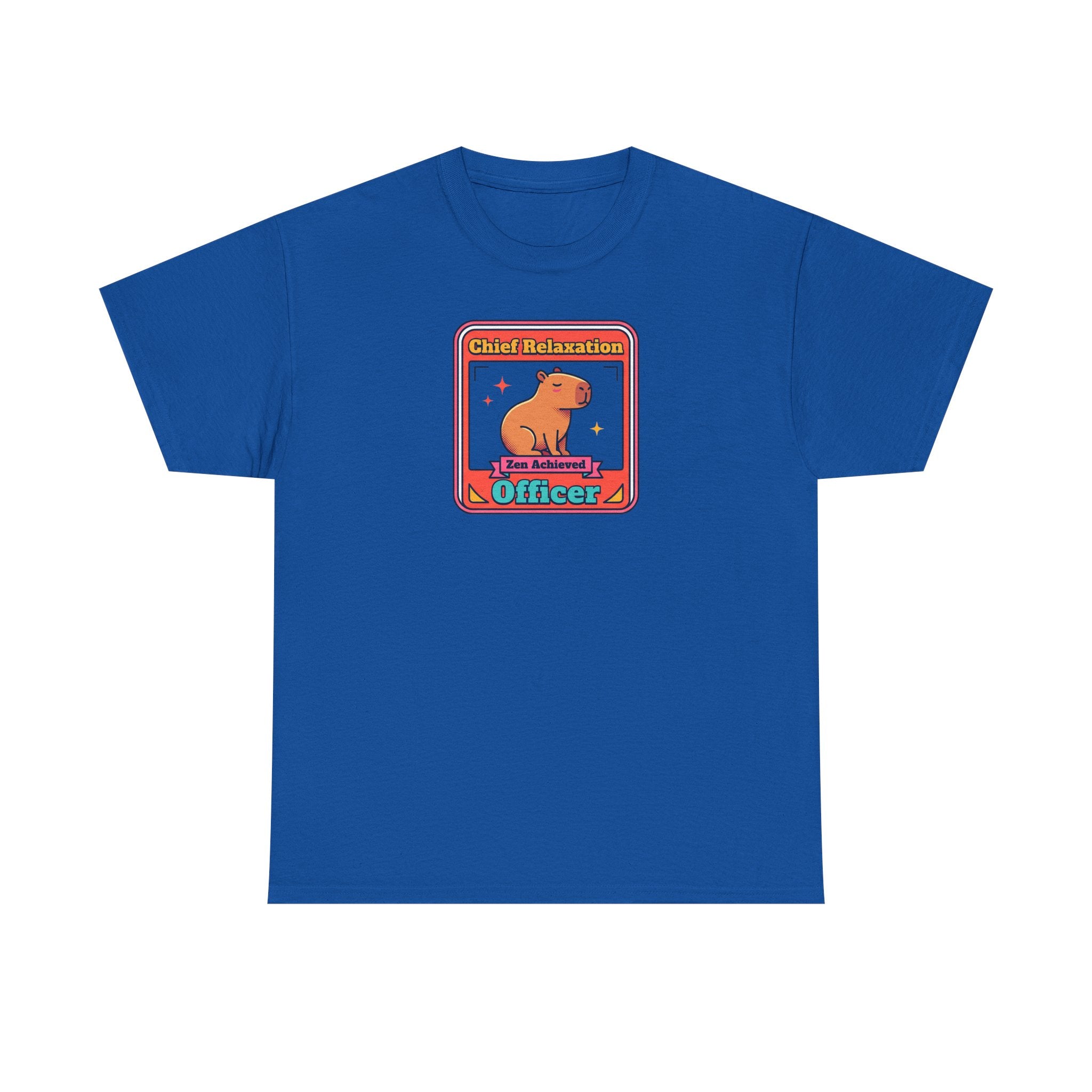 Royal blue graphic T-shirt with capybara zen badge logo at center