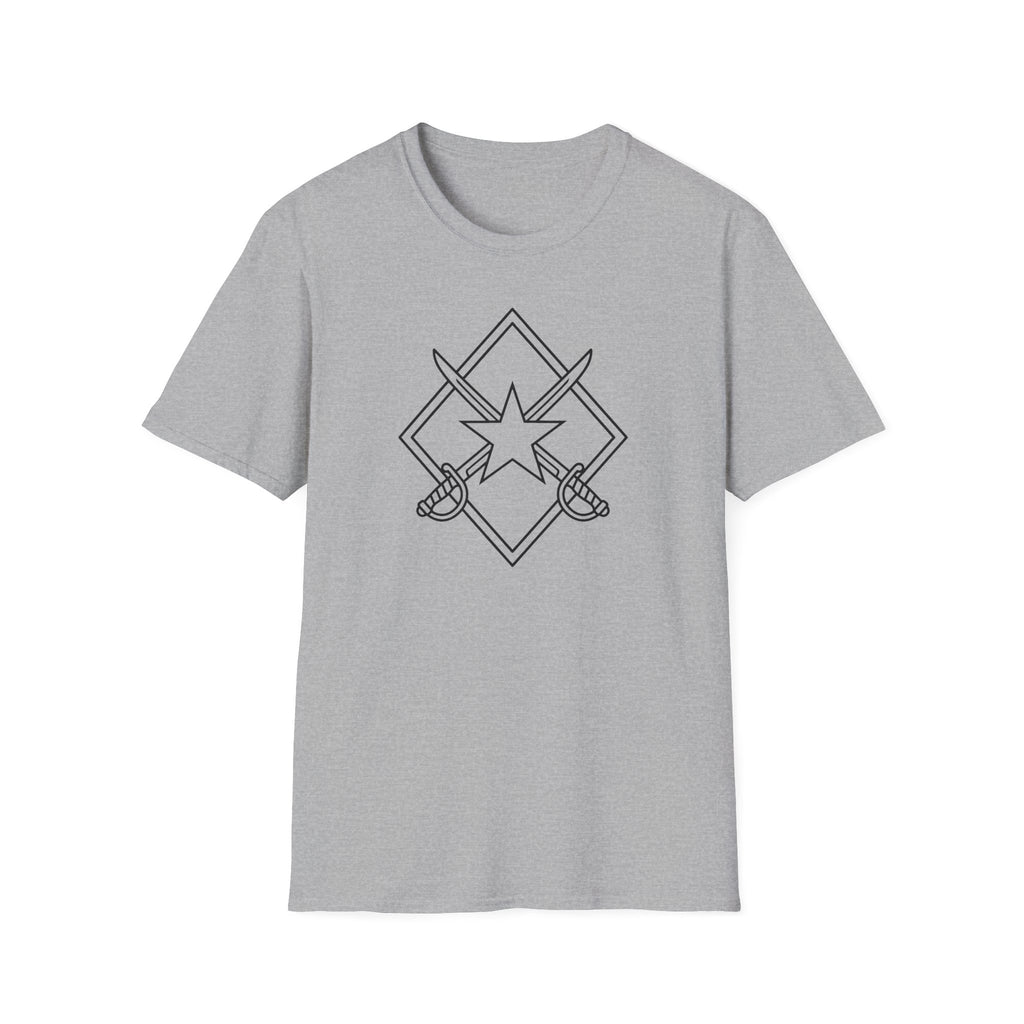 Light gray T-shirt with crossed sword, star, and diamond logo graphic on chest