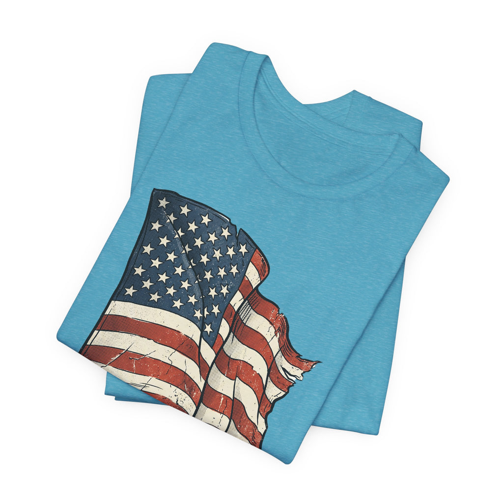 Light aqua graphic T-shirt with waving American flag stars and stripes