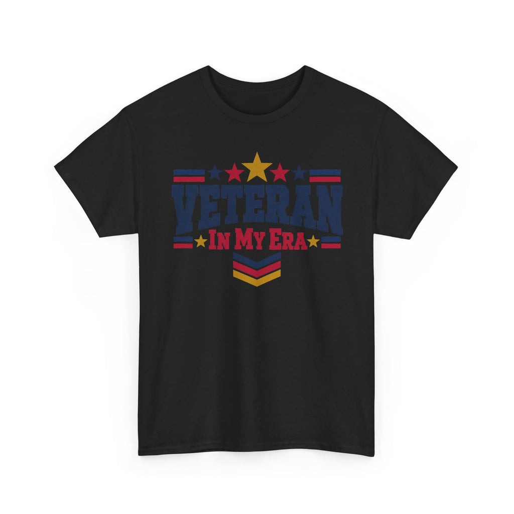 Black veteran graphic t-shirt with stars-and-stripes “Veteran in My Era” print
