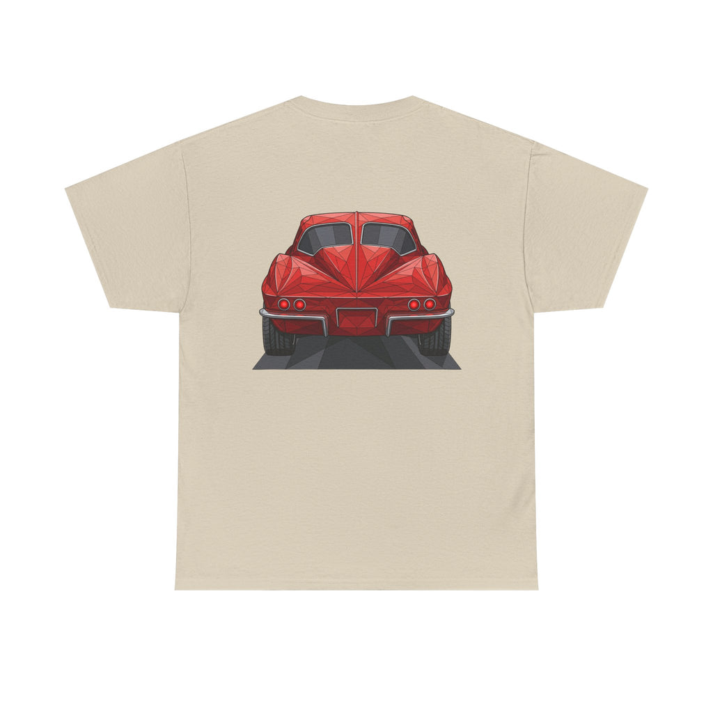 Sand crew-neck T-shirt with centered red sports coupe graphic