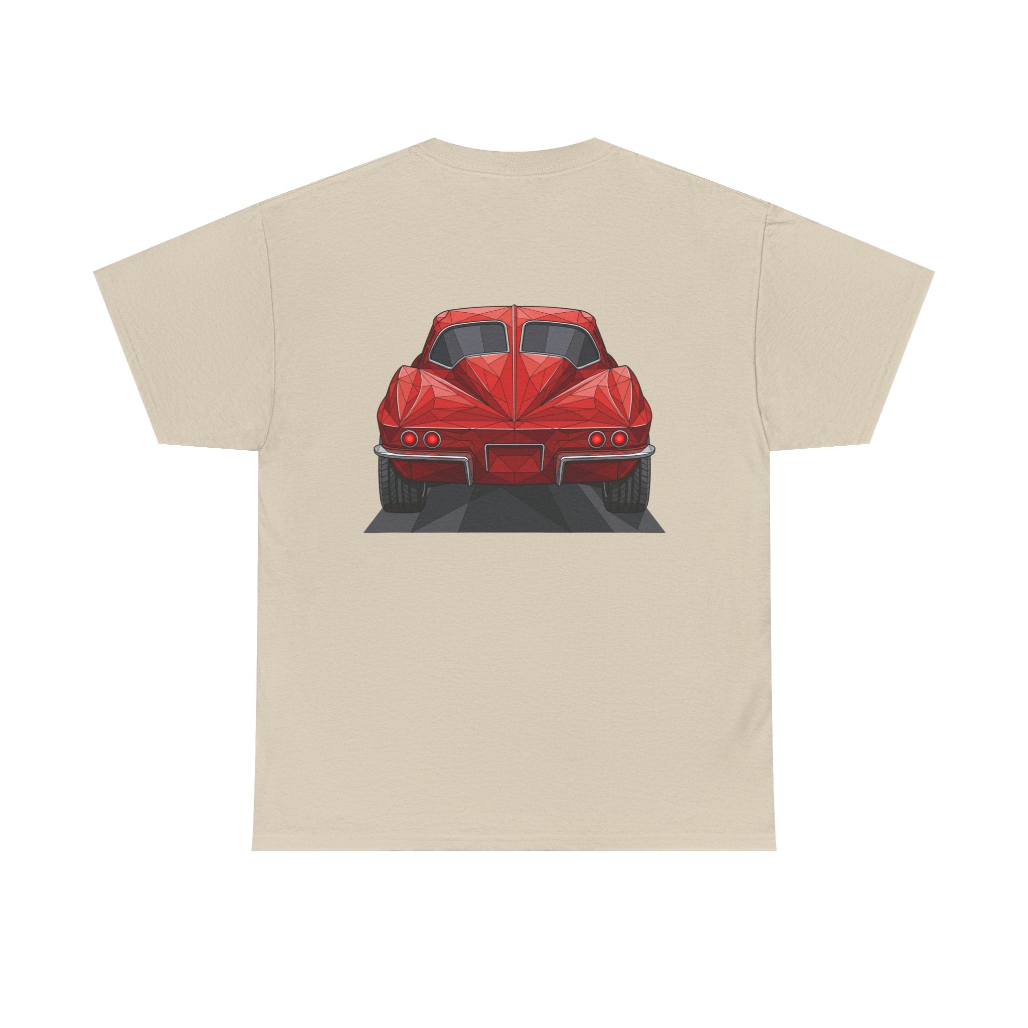 Sand crew-neck T-shirt with centered red sports coupe graphic