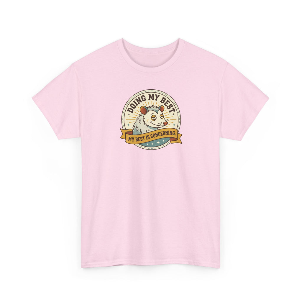 Light pink crewneck t-shirt with sloth 'Doing My Best' round graphic on front.
