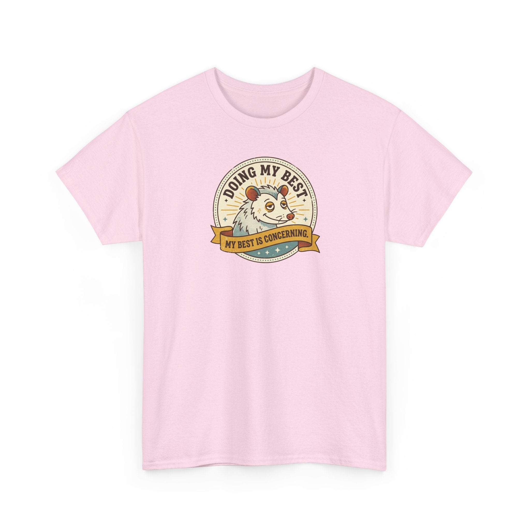 Light pink crewneck t-shirt with sloth 'Doing My Best' round graphic on front.