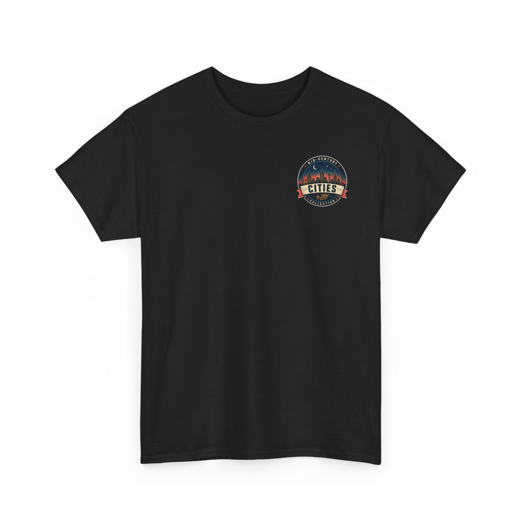 Black T-shirt with small circular Cities badge on left chest