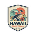 Hawaii Nene & Hibiscus kiss-cut vinyl sticker with retro bird, wave, and flowers