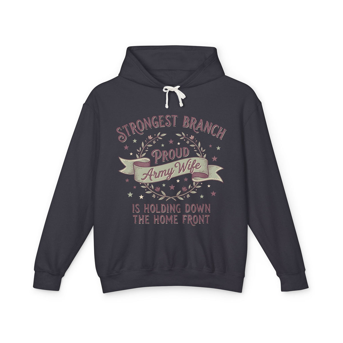 Black hoodie with front graphic text "Strongest Branch" and "Home Front".