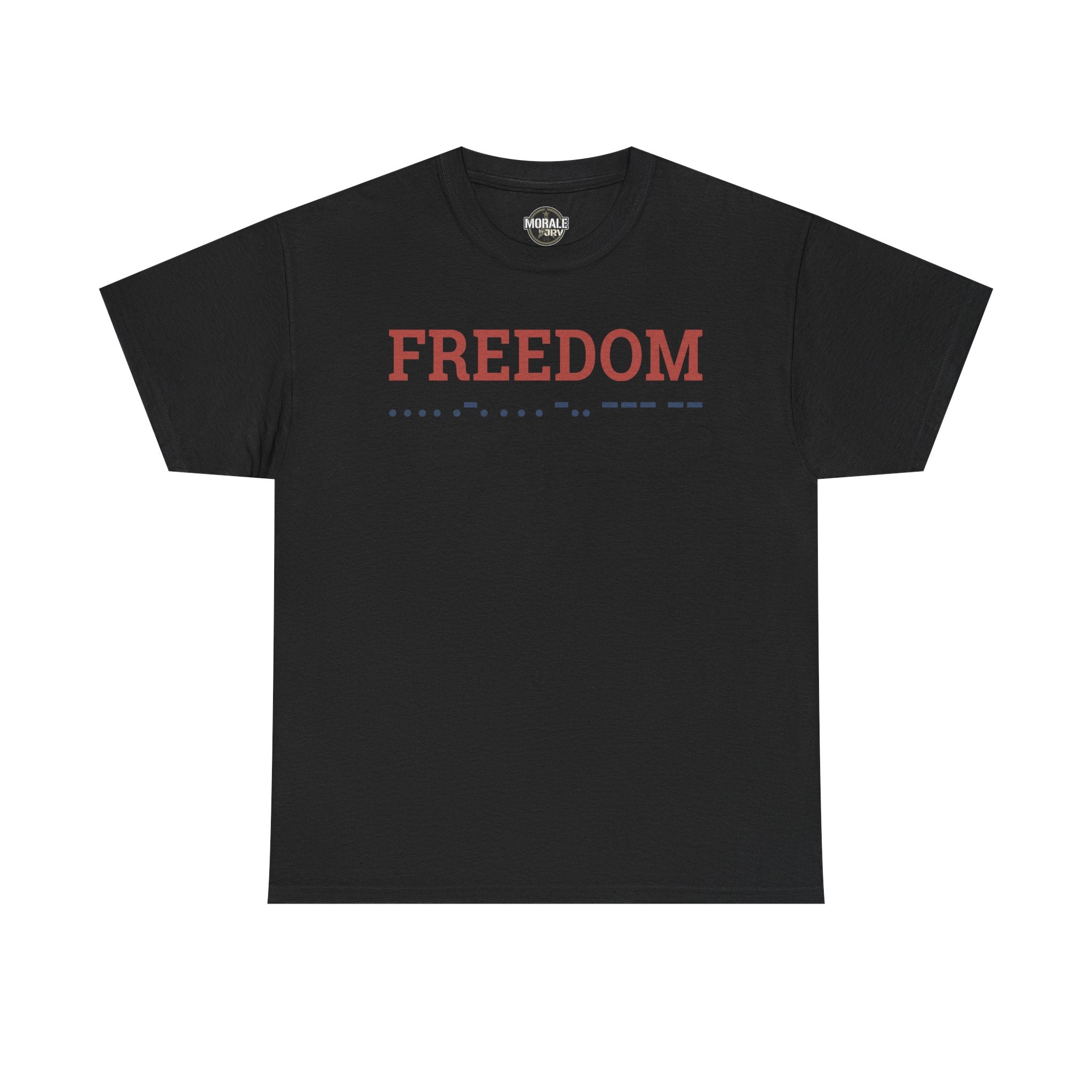 Freedom T-shirt, black crewneck with 'FREEDOM' Morse code graphic