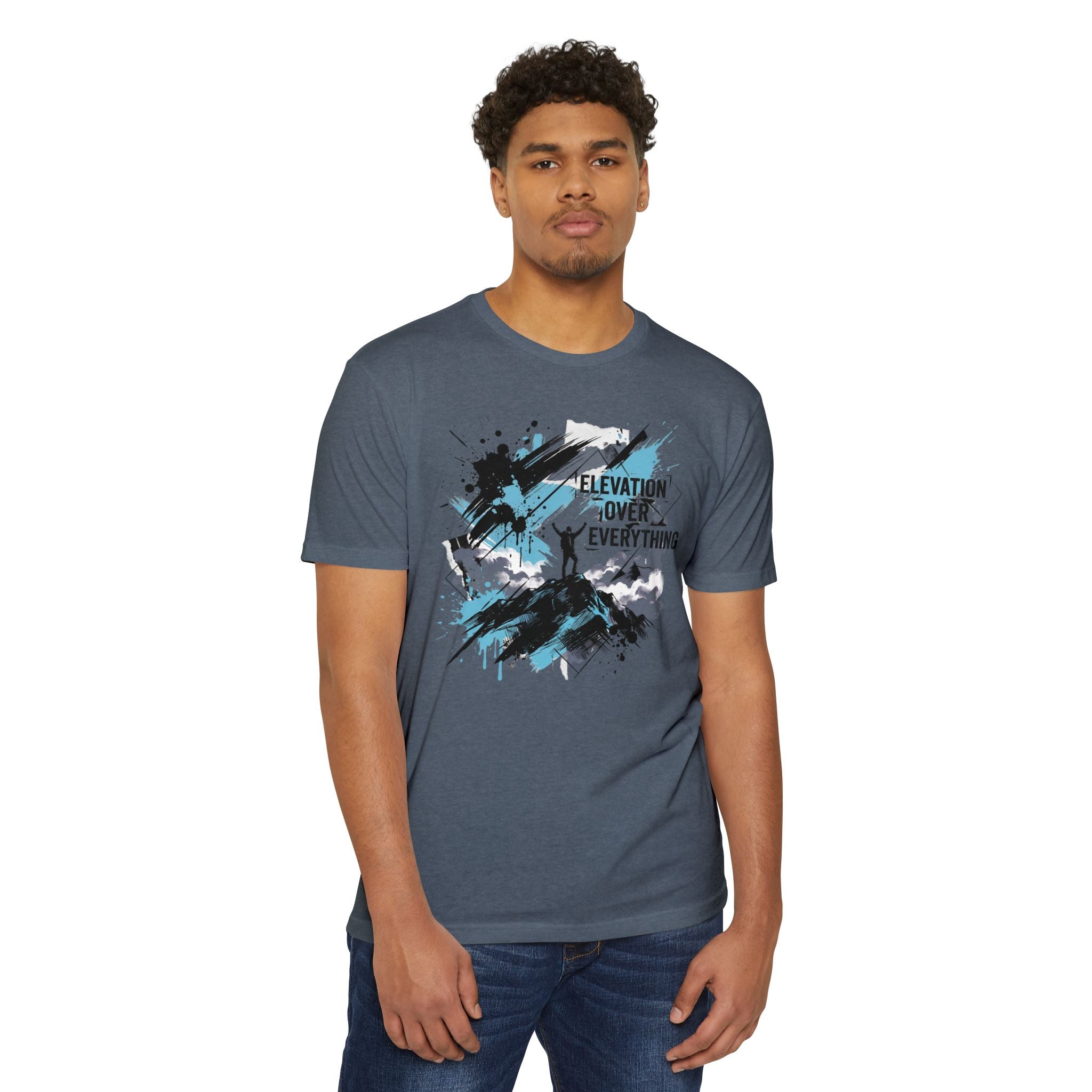 Slate blue crewneck T-shirt with mountain silhouette graphic on the front