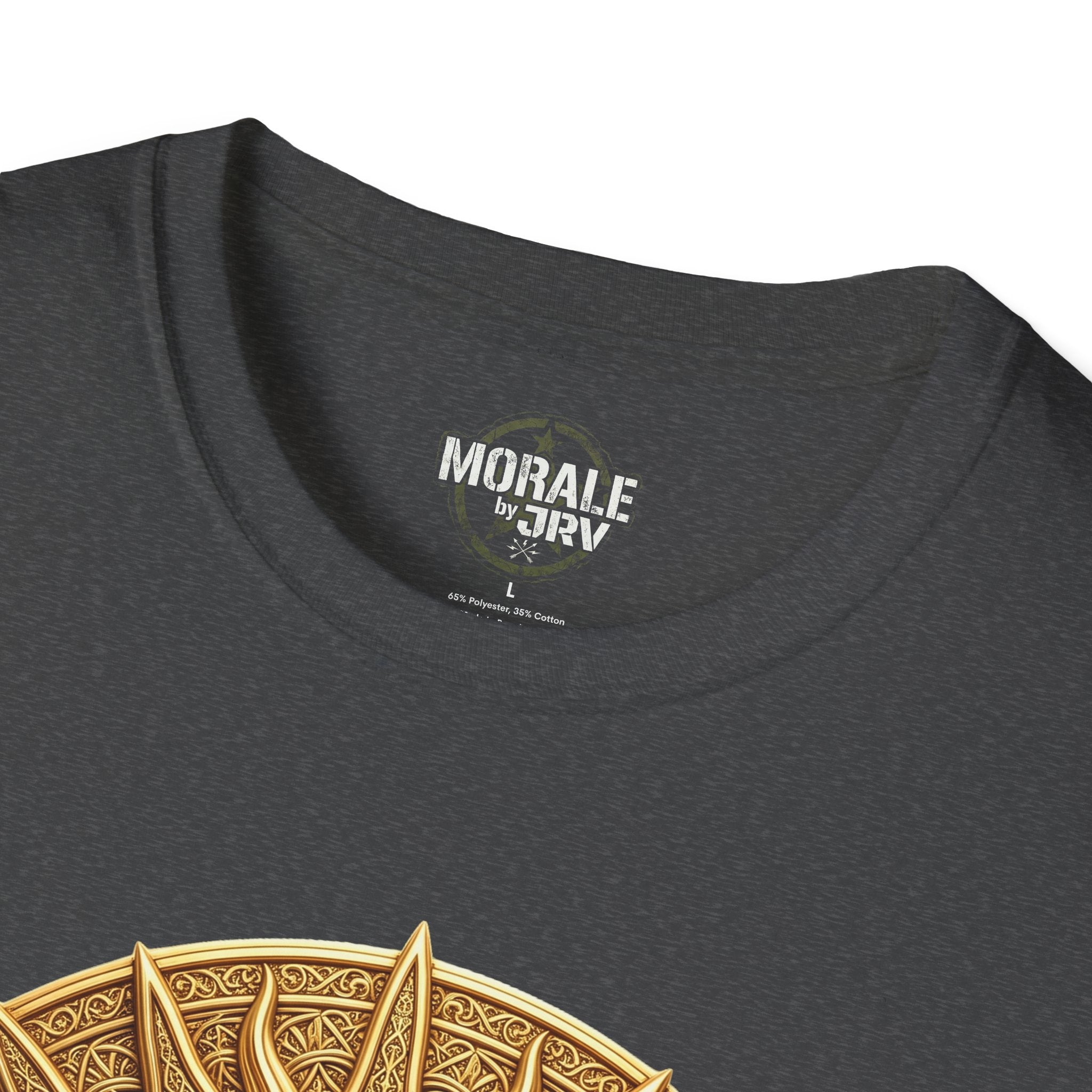 Dark heather T-shirt neckline with small logo and partial medallion