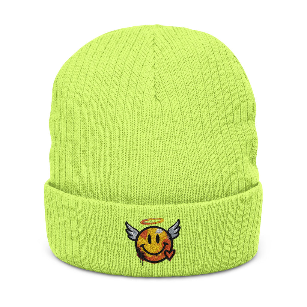Acid-Green Strickmütze mit besticktem Winged-Halo-Smiley am Rippbund