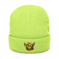 Acid-Green Strickmütze mit besticktem Winged-Halo-Smiley am Rippbund