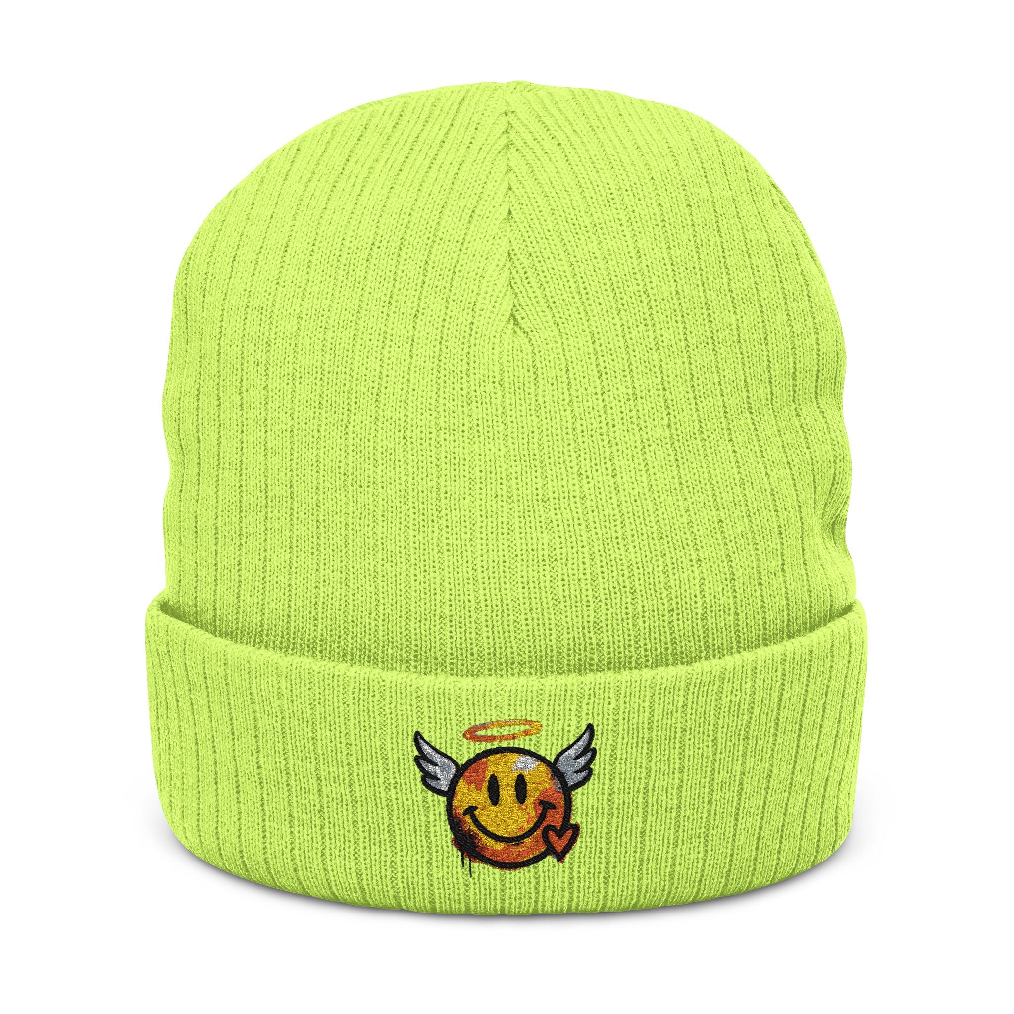 Acid-Green Strickmütze mit besticktem Winged-Halo-Smiley am Rippbund