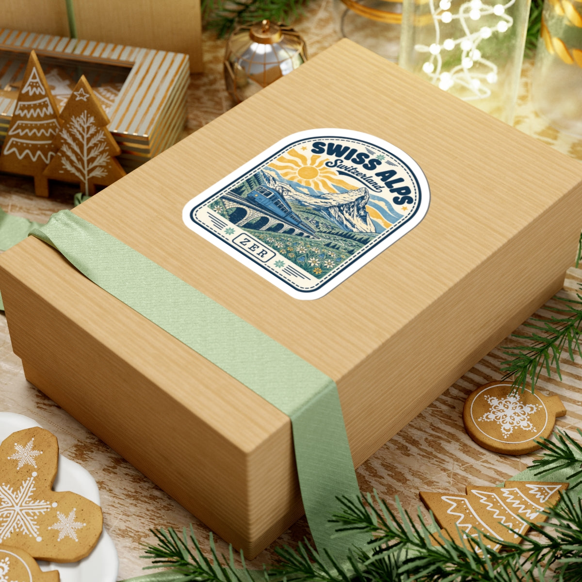 Swiss Alps train mountain sticker on a gift box, mountain peak scene with ZER