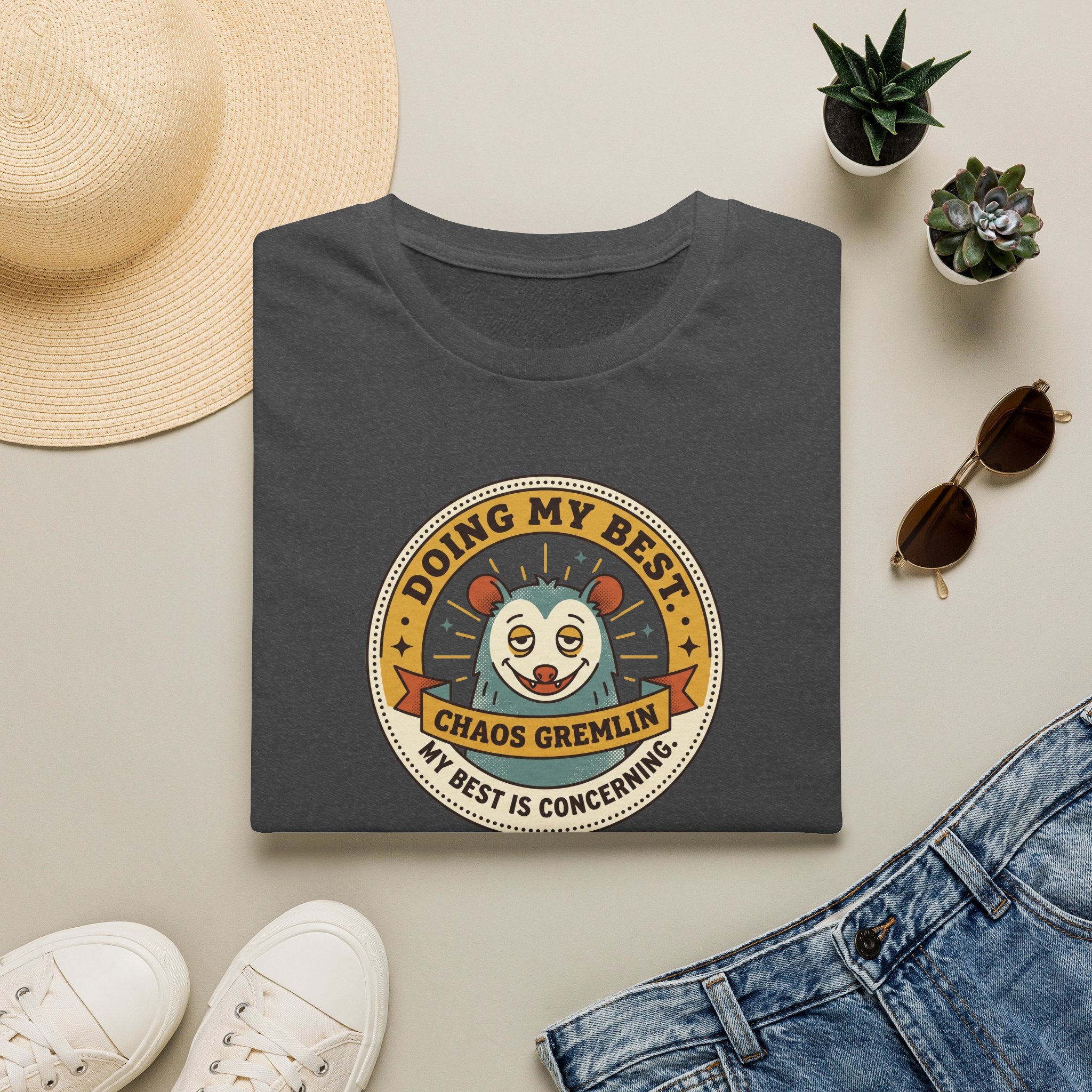 Charcoal t-shirt with circular gremlin panda graphic and text at the center