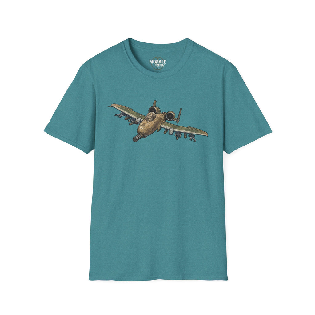 Teal heather T-shirt with A-10 Warthog aircraft graphic on the chest