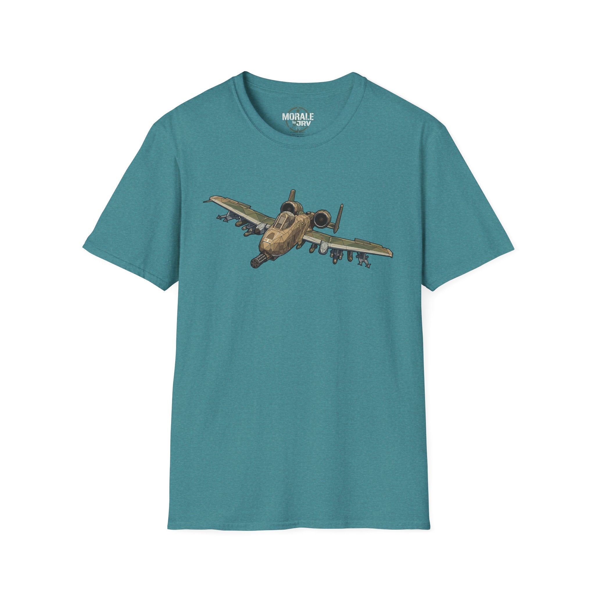 Teal heather T-shirt with A-10 Warthog aircraft graphic on the chest