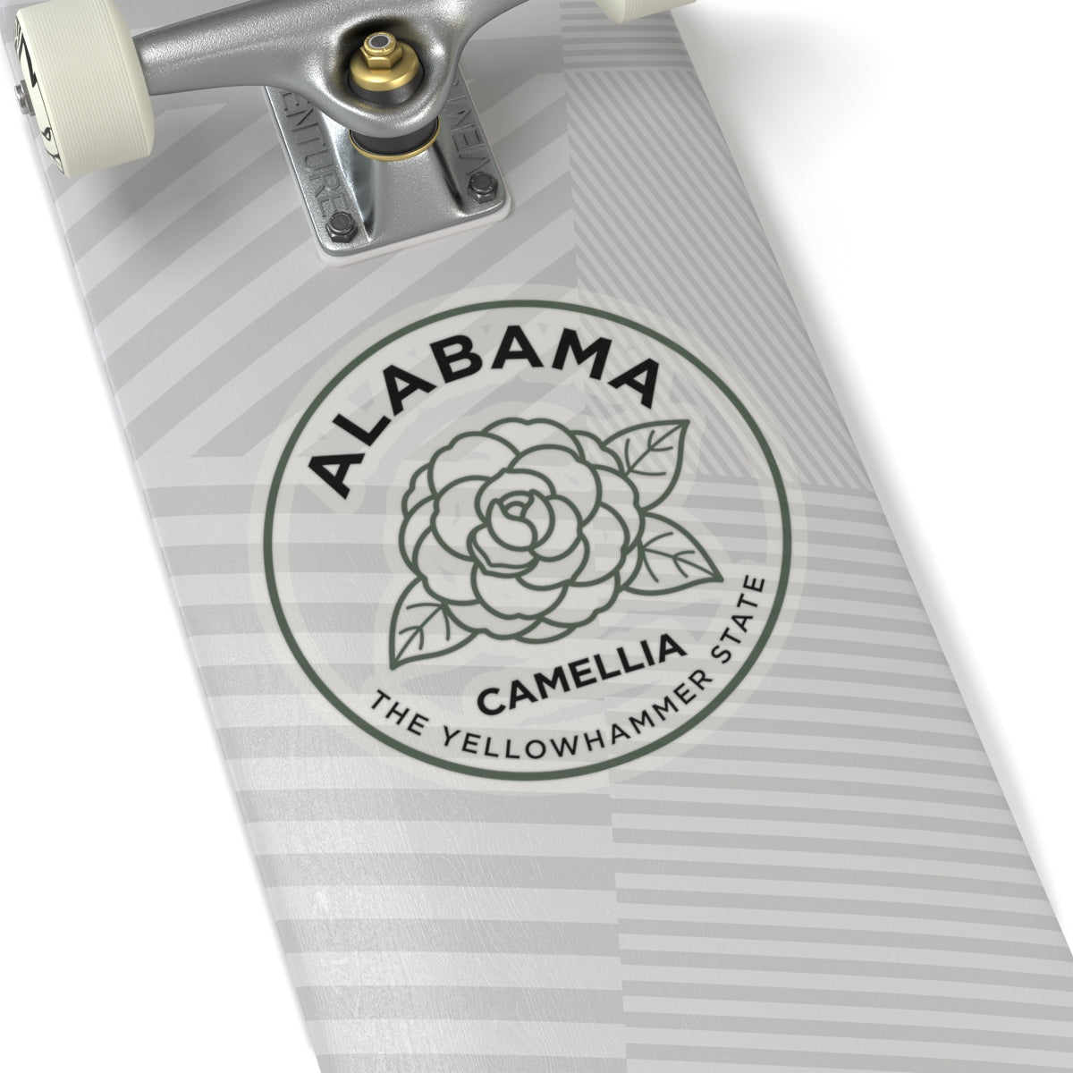 Circular Alabama camellia state flower vinyl decal with line-art flower and text