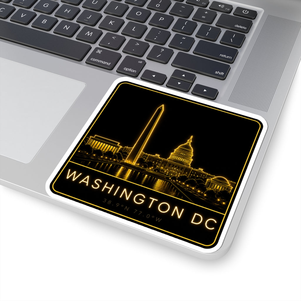 Neon gold Washington DC skyline sticker with Capitol dome, Washington Monument, and coordinates text