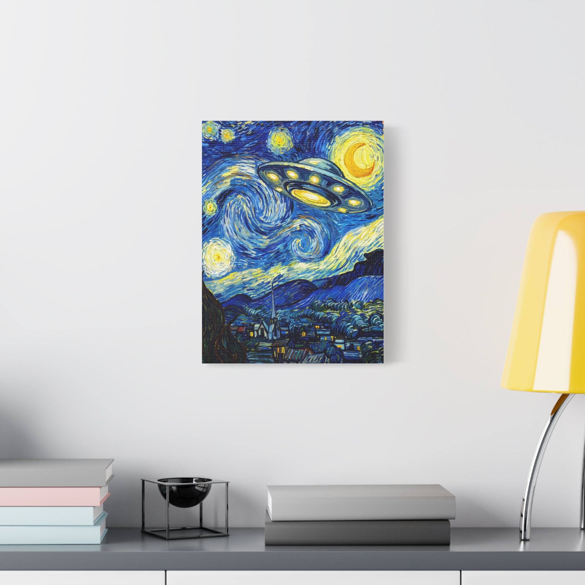 Starry UFO canvas wall art, small square with glowing UFO, yellow moon, and blue swirls
