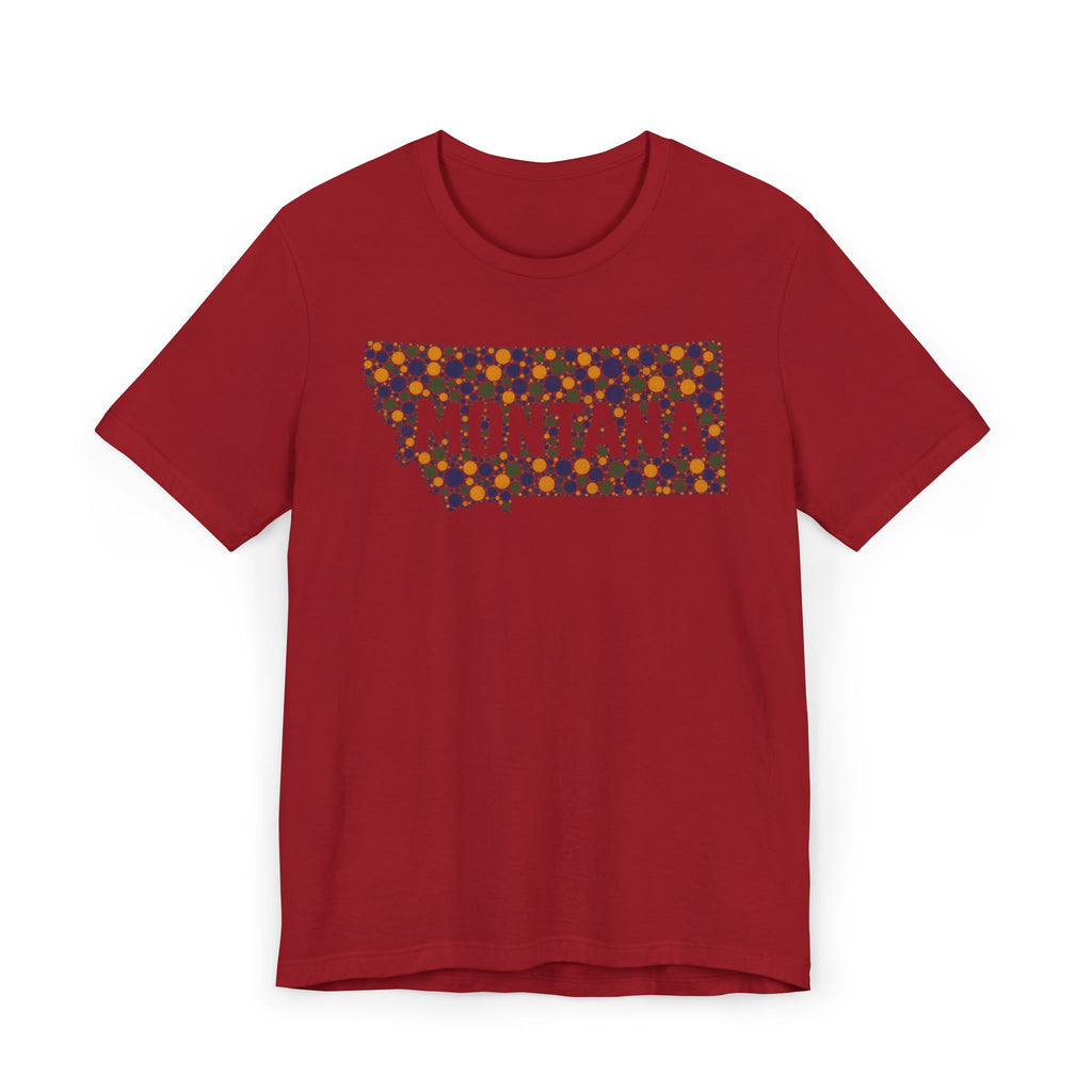 Red crewneck T-shirt with colorful Montana outline graphic on the chest