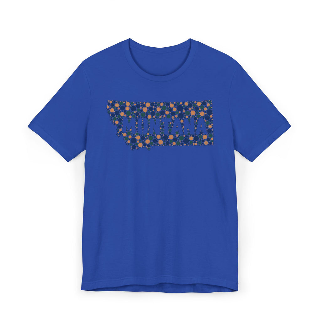 Royal blue crewneck T-shirt with colorful Montana outline graphic on the chest