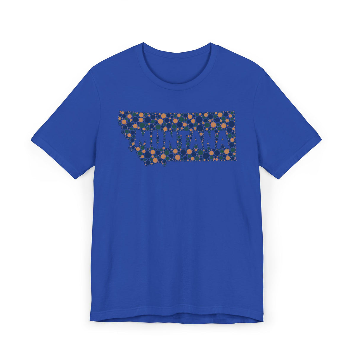 Royal blue crewneck T-shirt with colorful Montana outline graphic on the chest