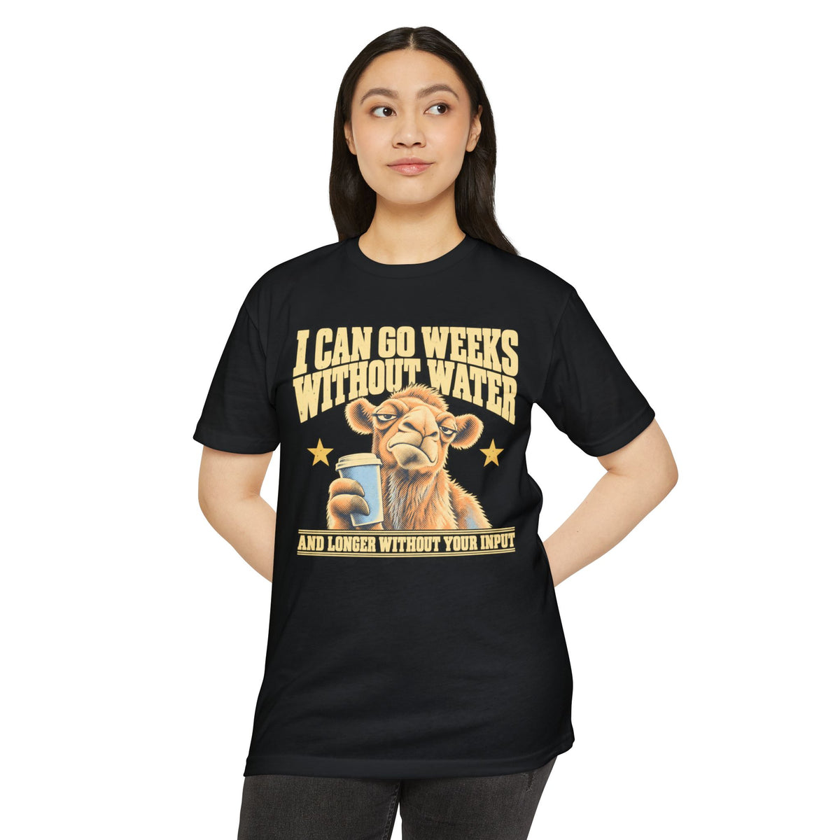 Black crewneck graphic t-shirt with camel and stars slogan design