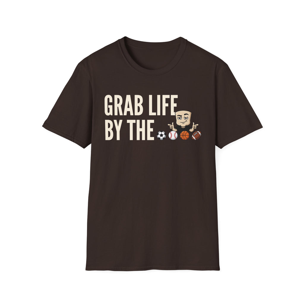 Dark brown crewneck T-shirt with “GRAB LIFE BY THE” text and sports ball graphic