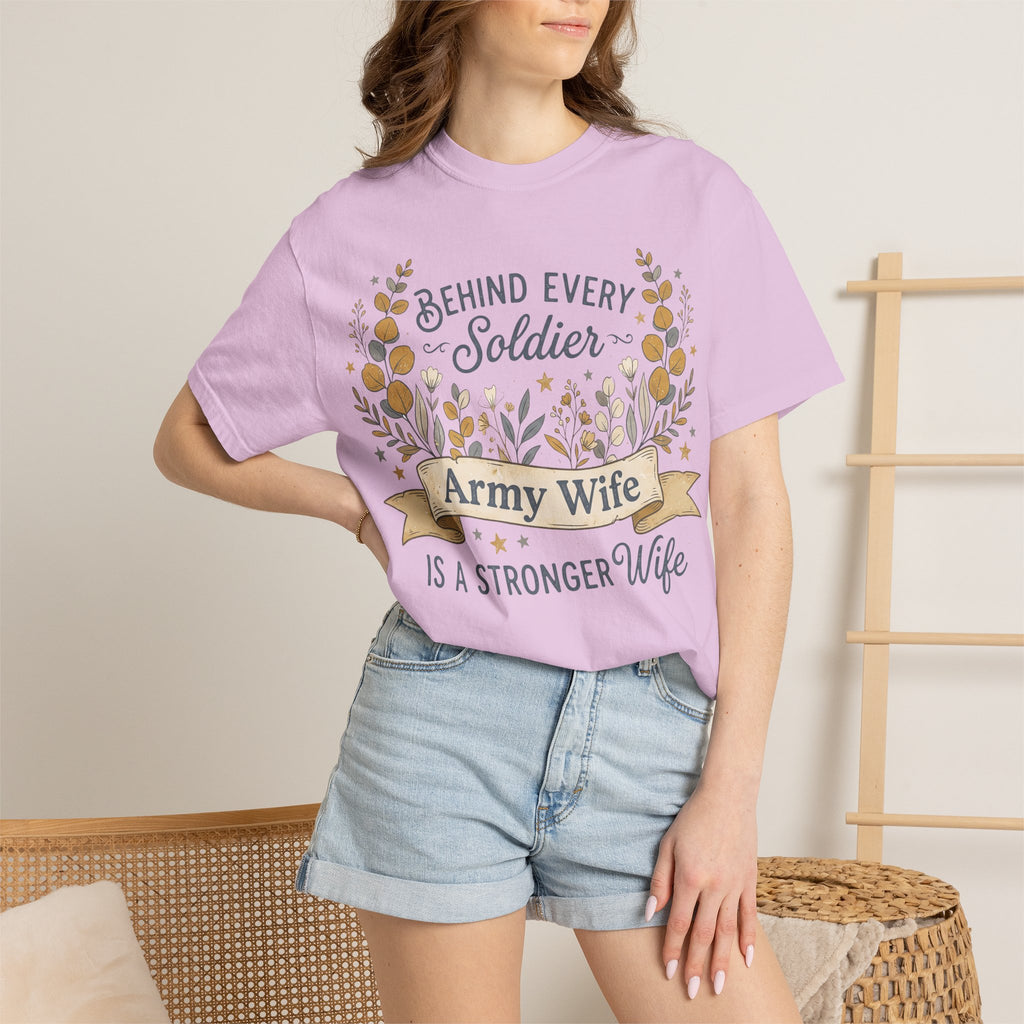 Lavender T-shirt on model with floral “Behind Every Soldier” and “Army Wife” print