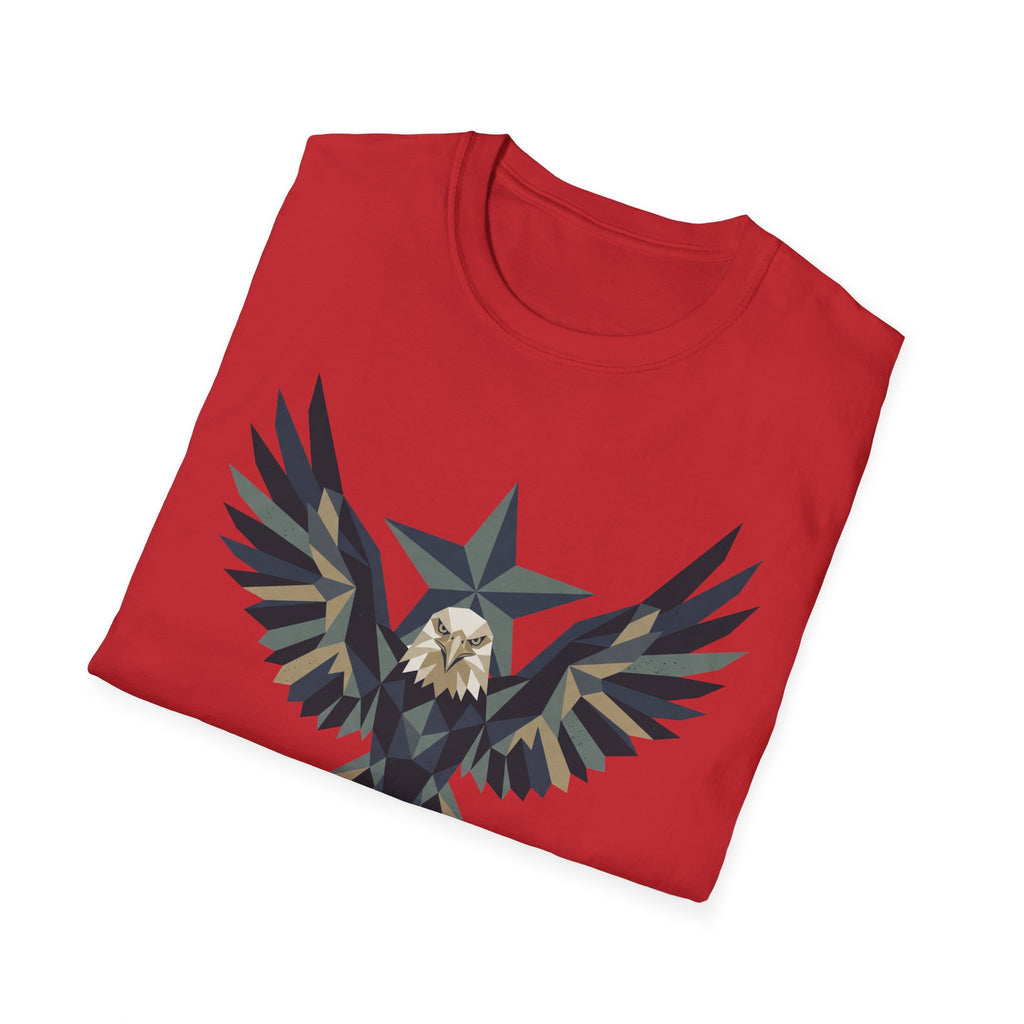 Red crew-neck T-shirt with multicolor bald eagle star graphic