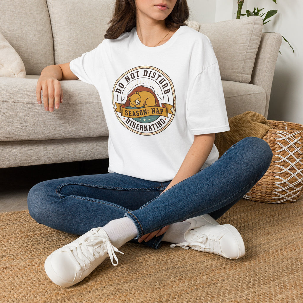 White nap T-shirt on model with 'Do Not Disturb Season: Nap' bear graphic