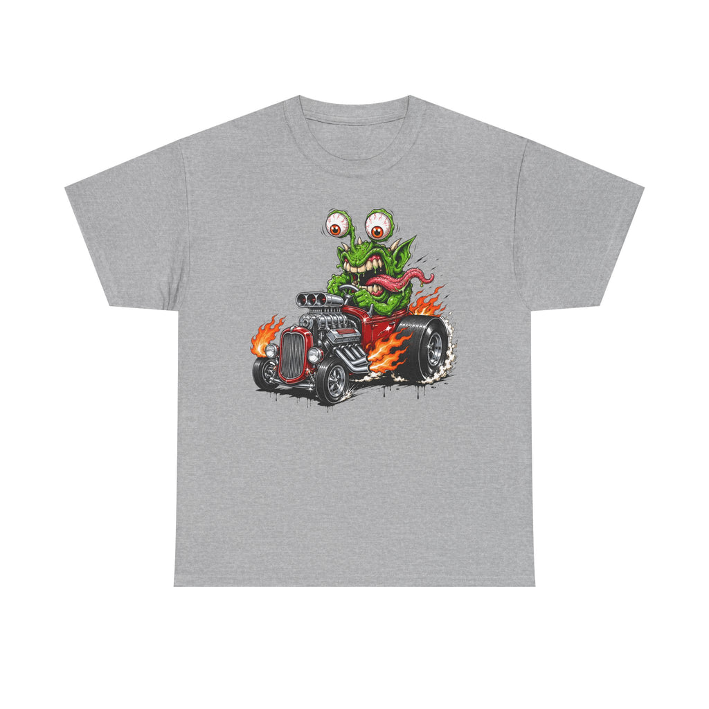 Monster hot rod graphic tee in sport grey, front monster driving hot rod with flames