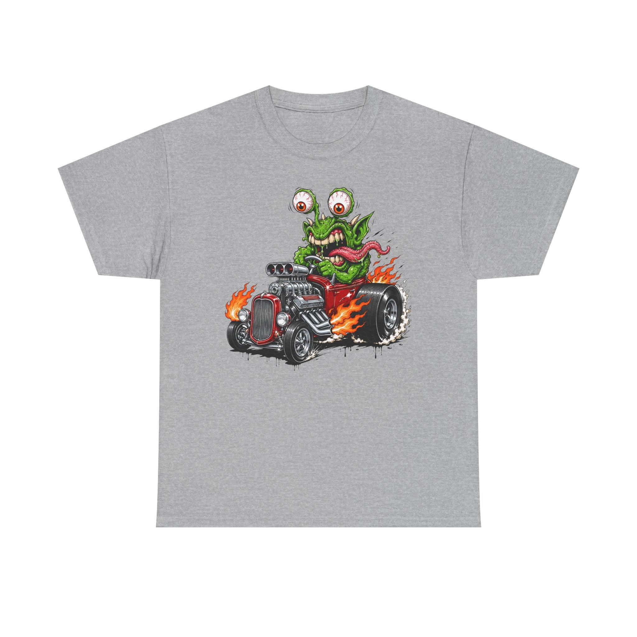 Monster hot rod graphic tee in sport grey, front monster driving hot rod with flames