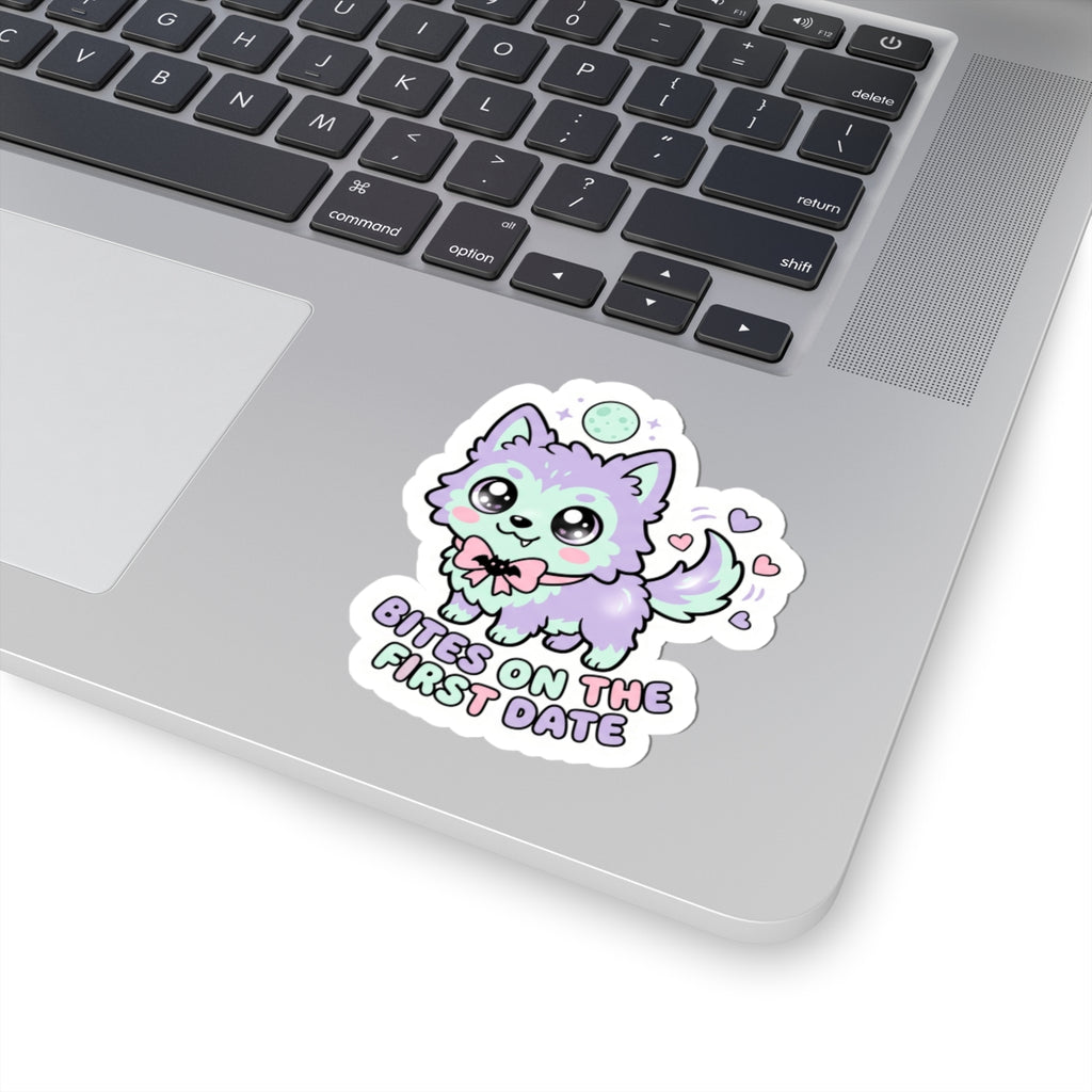 Kawaii wolf kiss-cut sticker featuring mint fur, pink bow, and "BITES ON THE FIRST DATE"