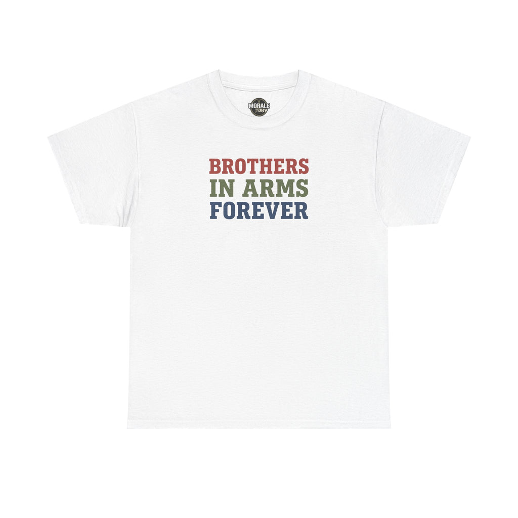 White T-shirt with retro 'Brothers in Arms Forever' block text