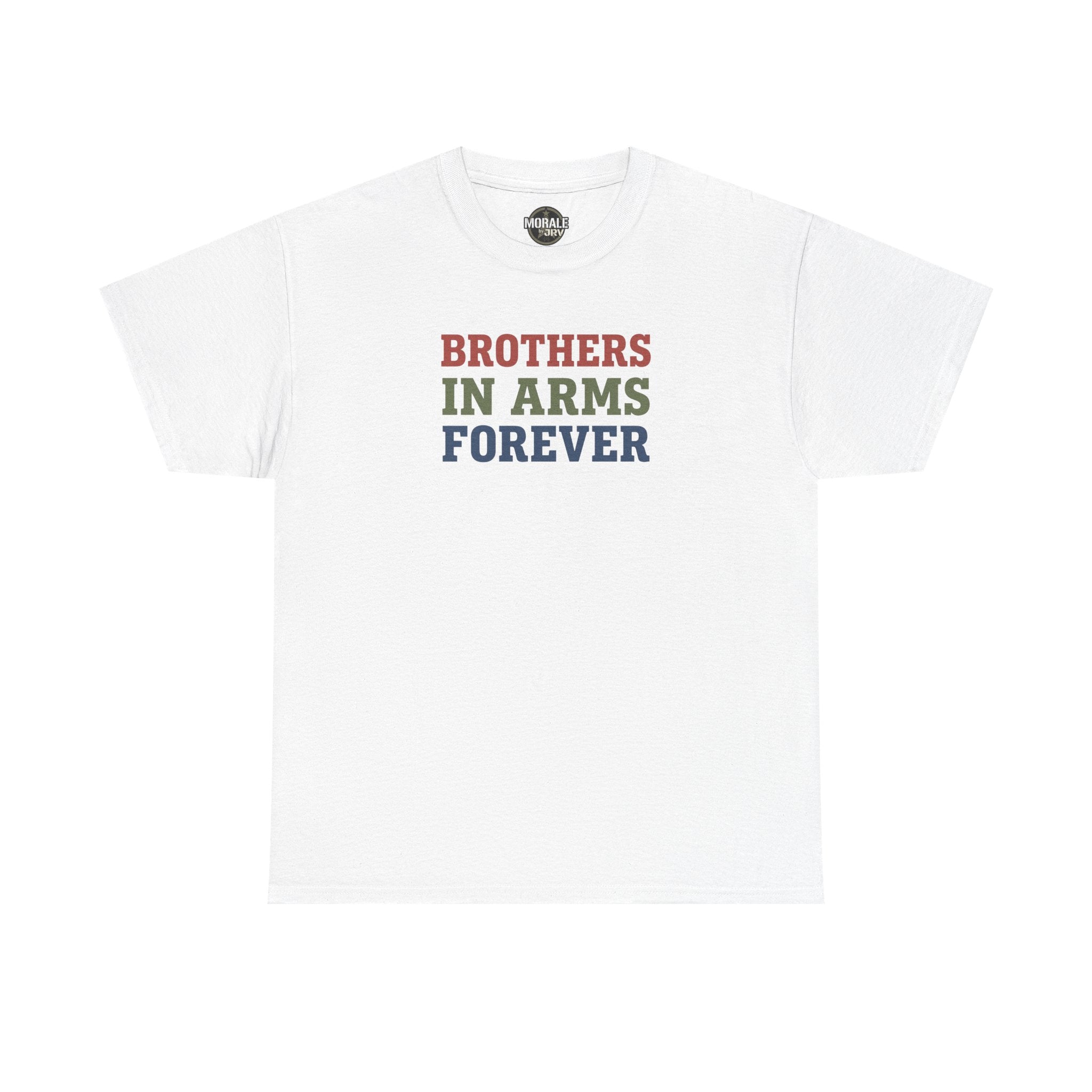 White T-shirt with retro 'Brothers in Arms Forever' block text