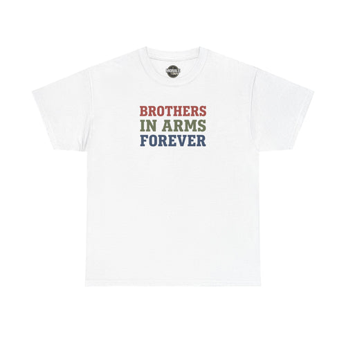 White T-shirt with retro 'Brothers in Arms Forever' block text